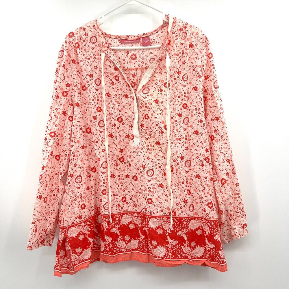 Woman Within 1X Boho Peasant Top Red Pink Floral Cotton Long Sleeve Tie Neck